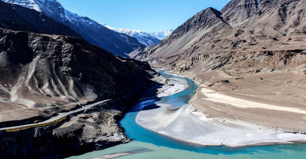 zanskar river indus river mountains sangam blue landscape river himalaya peak travel water nature valley rock blue sky asia india sky