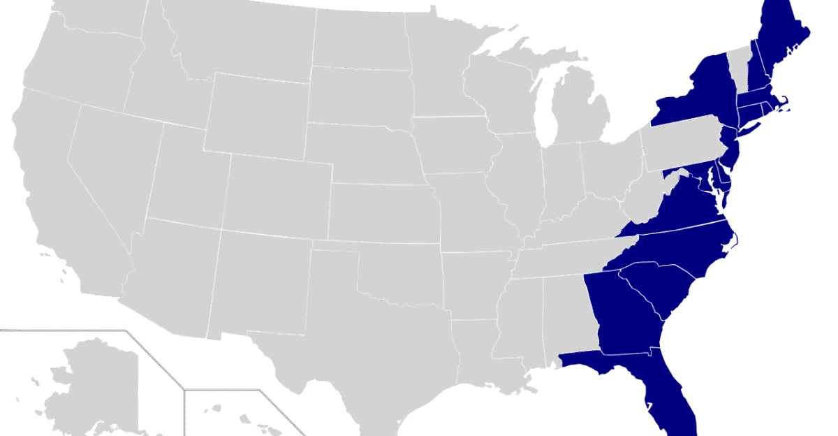 Map of the US States with coast along the Atlantic Ocean