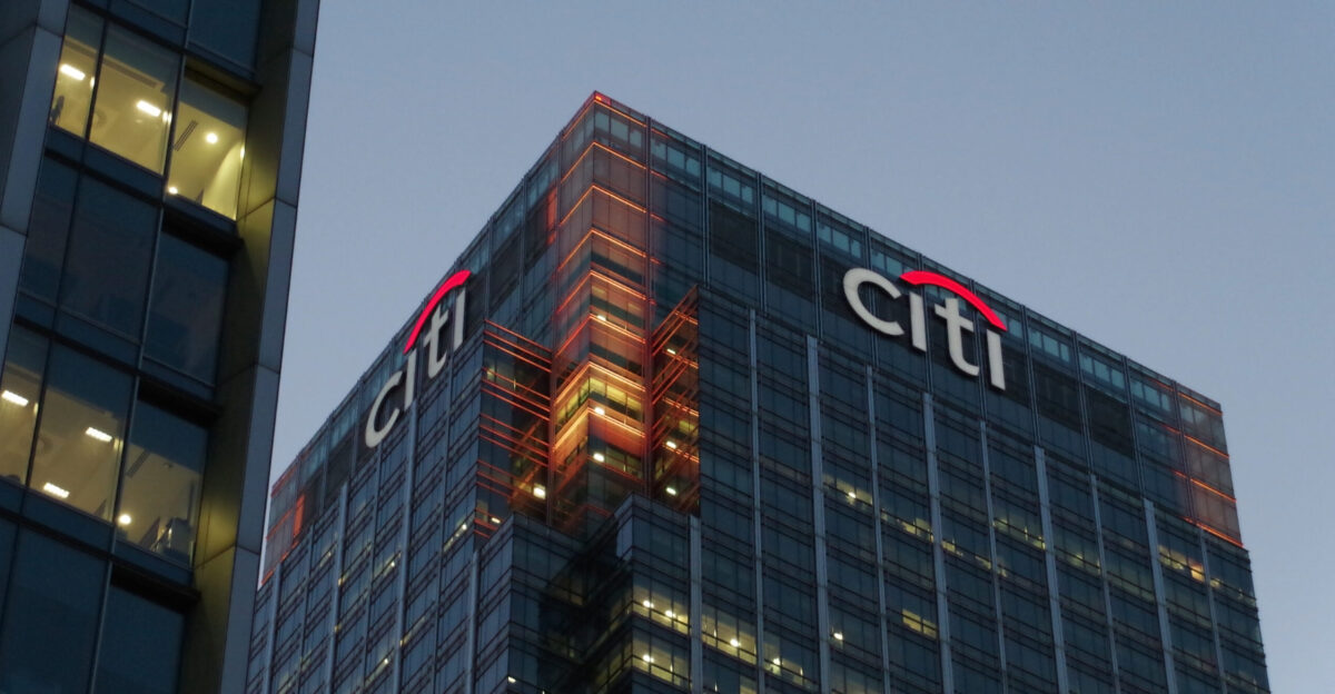 Looking up at the Citigroup Centre late on a summer evening